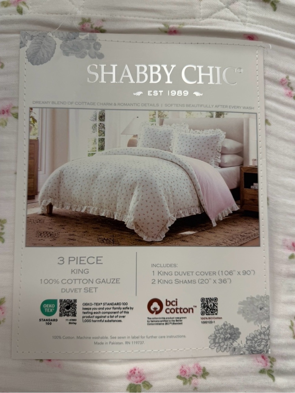Shabby Chic Pink 3 PC King Gauze Duvet Set Pink Rose with Ruffles ~ Matching Bag - Picture 12 of 16